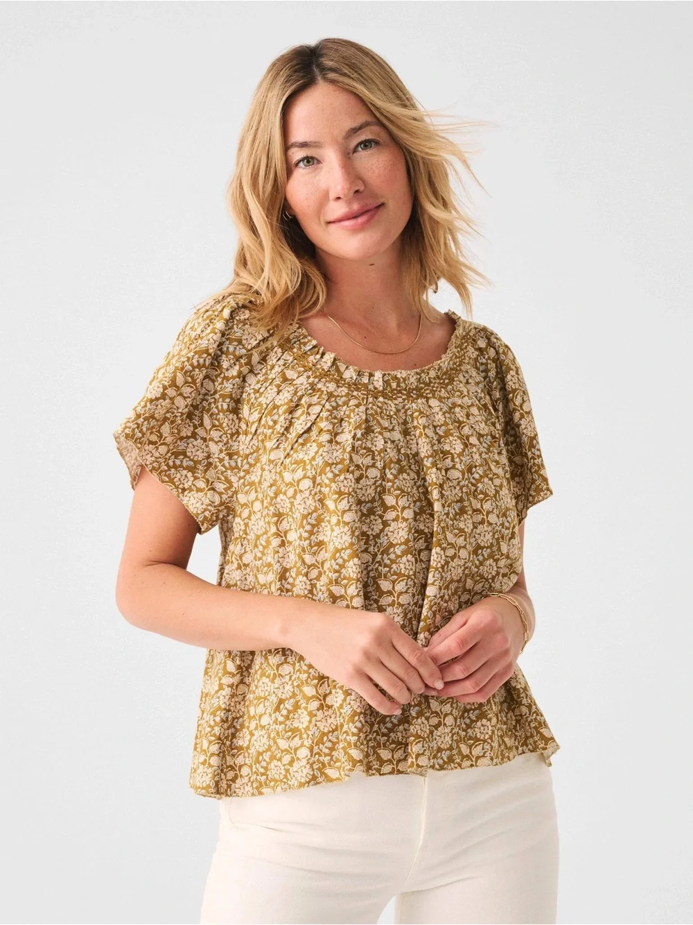 Faherty Annabelle Top - Golden Theodora Floral Linen Blouse Size XS - Picture 9 of 9
